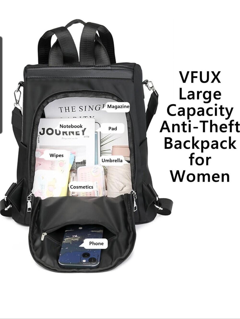 Amazon Women's Black Nylon Anti-theft Backpack with Silver Emblem - Picture 2 of 12